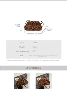 Leopard print velvet cloud bag details with size dimensions and model carrying display