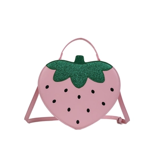 Creative pink strawberry crossbody bag for girls with green glitter leaf detail
