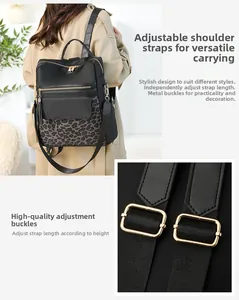 Detail of adjustable leopard print backpack straps and gold-tone metal hardware