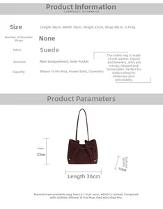 Detailed dimensions of the brown suede tote bag showing main compartment and size specs