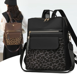 Leopard print patchwork backpack with large capacity and multi-pocket design for women