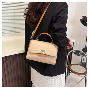 Detailed shot of beige crossbody bag with contrast handles and silver twist lock