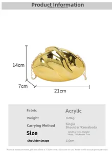 Detailed view of gold acrylic shell bag showing 21x14x7cm dimensions and metal chain