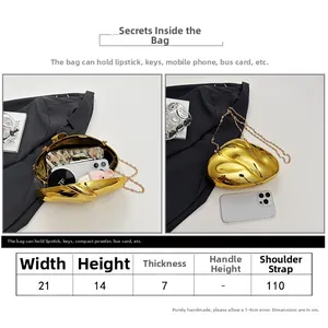 Detailed size chart for the irregular metallic acrylic evening bag with chain strap