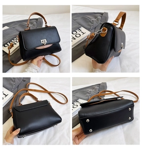 Detailed views showing the black textured flap, brown straps, and silver twist lock of the bag