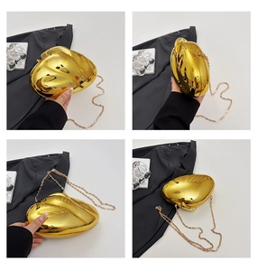 Detail view of mirror gold hard shell clutch bag with metallic chain from four angles