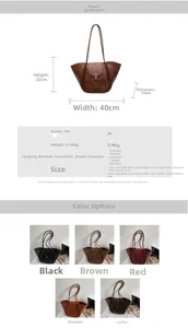Detailed chart showing PU leather tote bag sizes, weight info, and five color options