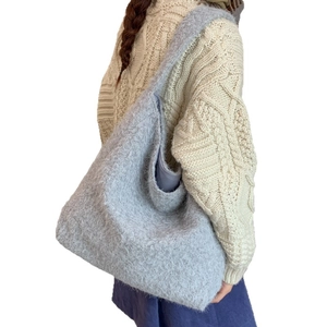 Grey plush faux fur hobo bag large capacity winter shoulder tote for daily commute