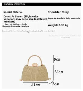 Detailed size chart of gold pleated evening clutch bag with crown lock and metal handle