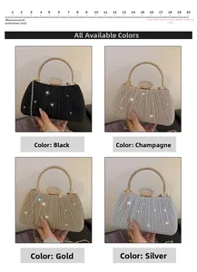 Detail showing elegant pleated evening bags in black, gold, silver, and champagne colors