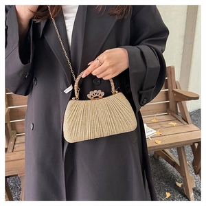 Detail of gold evening bag with sparkling pleats, crown clasp, and chain on black coat