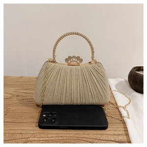 Close-up of champagne gold evening bag with beaded handle, crown clasp and chain strap
