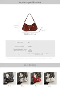Detailed size chart and specifications for the pleated underarm bag with star rivets
