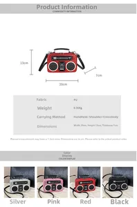 Detailed size chart and four color options for retro radio shaped crossbody bag