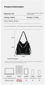 Detailed size comparison of black PU tote with MacBook Air and digital gadgets