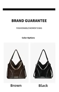 Detail view of large capacity crossbody bags in polished brown and black finishes