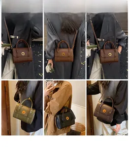 Retro shoulder bag showing various carrying styles in brown, green, and black tones