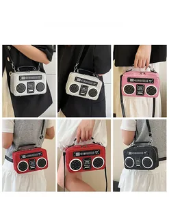 Detailed views of creative retro radio crossbody bag with glitter finish and metallic texture