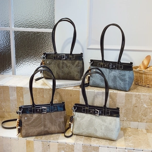 Retro Large Capacity Shoulder Bag Vintage PU Denim Texture Tote With Wood Bead Charm Belt Buckle For Women Casual