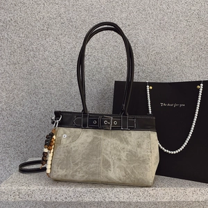 Retro khaki and black large capacity shoulder bag with beads and metal buckle detail