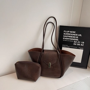 Retro dark brown leather tote bag with gold buckle and matching pouch set