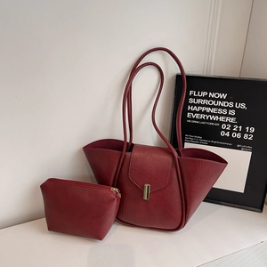 Burgundy faux leather tote bag set with metal clasp lock and matching small pouch