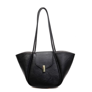 Classic black leather tote bag with gold metal clasp and textured finish for women