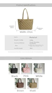 Detailed size specifications for the quilted tote bag with diamond stitching pattern
