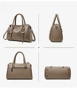 Dunkelbraune Shopper-Tasche aus Leder mit Litschi-Muster und Details in vier Ansichten