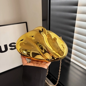 Modern irregular gold hard shell evening clutch bag with metallic mirror finish chain
