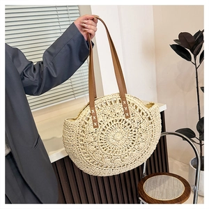 Detail of a beige round straw tote bag featuring intricate woven texture and brown PU straps