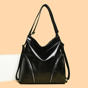 Women Large Capacity Shoulder Bag Glossy Crinkle PU Leather Silver Zippers Retro Fashionable Tote Bag