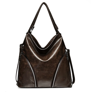 Vintage dark brown large capacity shoulder bag with glossy leather and silver zippers