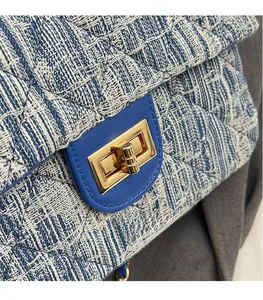 Detailed close-up of blue and white tweed handbag with golden rectangular twist lock
