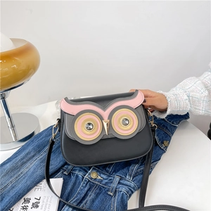 Sac bandoulière noir chic avec design hibou mignon et yeux en strass colorés pour femmes