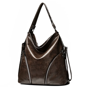 Vintage dark brown large capacity shoulder bag with stylish silver dual zippers for women