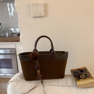 Retro dark brown faux suede tote bag with plush ball tassel and leather straps