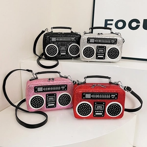 Radio Shaped Glitter Crossbody Bag Retro Novelty Sparkly Handbag For Women Creative Party Shoulder Box Purse