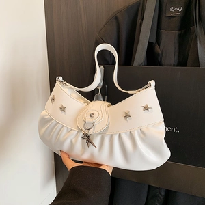 White crescent underarm bag with pleated design and silver star rivets for women