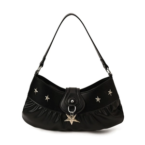 Black crescent hobo bag with pleated texture and golden star charms in a minimalist style