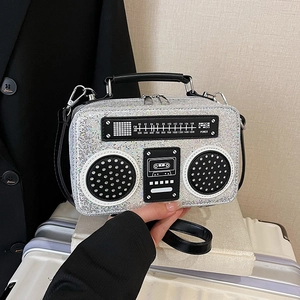 Retro radio shaped shoulder bag with silver sequins and vintage cassette player design