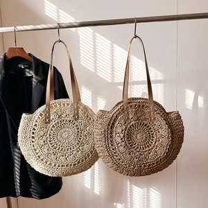 Women Round Straw Woven Handbag Large Capacity Hollow Out Beach Vacation Tote With Leather Straps Bohemian Vintage Bag