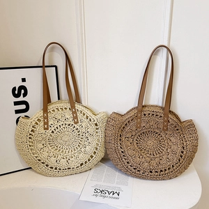 Minimalist round woven straw handbags in beige and coffee with leather shoulder straps