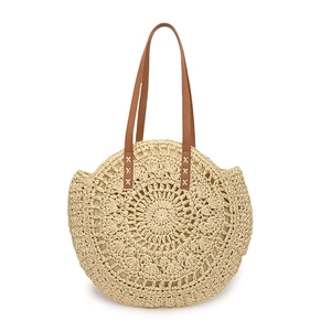 Fashionable round straw woven handbag for women with brown faux leather shoulder straps