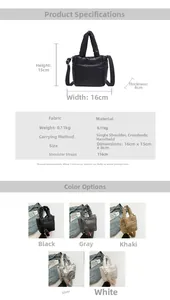 Detailed size chart for black quilted bag with dimensions 16x15x8cm and strap length