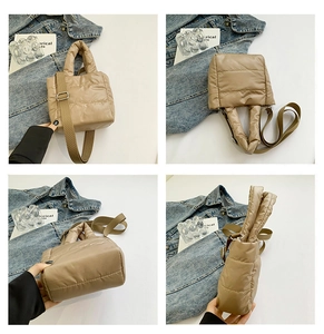 Detailed views of beige quilted down tote bag with adjustable shoulder strap and soft texture