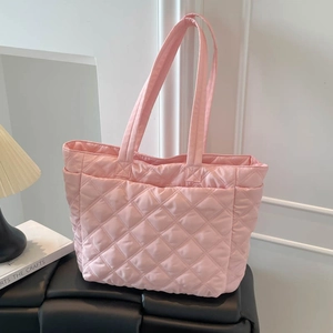 Pink quilted tote bag with diamond stitching and large capacity for women