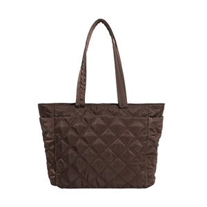 Deep coffee quilted tote bag with diamond pattern for autumn and winter commute