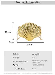 Tableau des tailles détaillé pour le mini sac coquillage en acrylique avec dimensions et chaîne