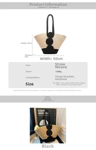 Detailed view of handmade woven straw tote bag with size measurements and product parameters